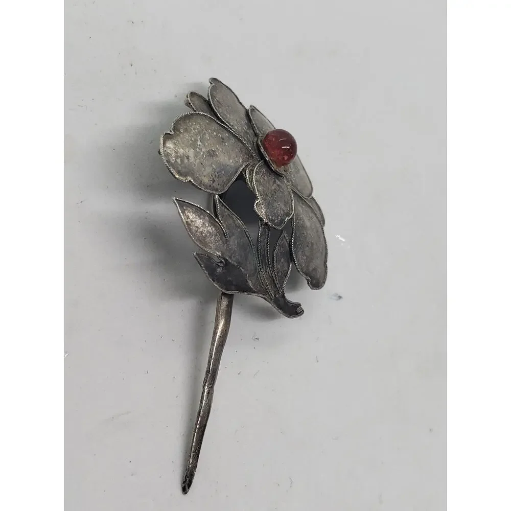 Vintage Sterling Silver Flower Stick Pin Red Cabochon Glass center Art Deco - Picture 4 of 8
